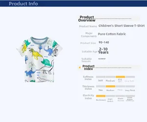 Size chart for kids white cotton t-shirt featuring colorful dinosaur cartoon graphics