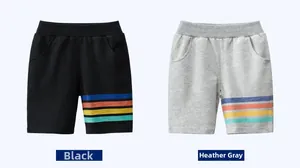 Detail of children's cotton shorts in black and heather grey with five-color stripe print
