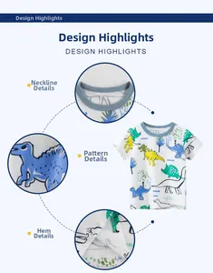 Detail view of cotton t-shirt with colorful dinosaur prints and reinforced stitching