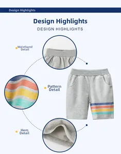 Detail view of boys gray cotton shorts featuring elastic waistband and colorful side stripes