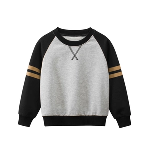 Kids grey and black raglan sweatshirt with brown stripes on sleeves in flat lay