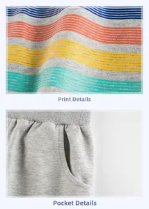 Detail of gray cotton fabric with colorful stripes and elastic waistband with side pockets