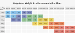 Size guide for kids long sleeve shirts based on height 80-140cm and weight 10-30kg