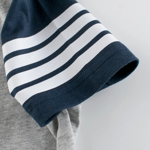 Short sleeve cotton t-shirt for boys with navy striped ribbed cuffs on grey marl fabric