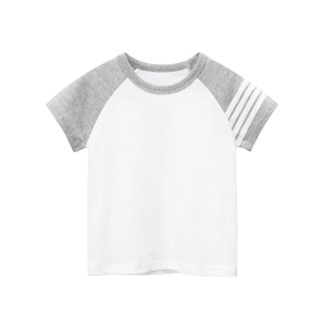 Kids short sleeve raglan t-shirt in white and grey with sporty stripes on sleeve