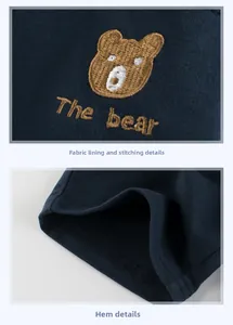 Gros plan sur la broderie d'ours et la texture du tricot en coton du short bleu marine