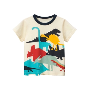 Boys Short Sleeve T-Shirt 100% Cotton Cartoon Dinosaur Print Contrast Crew Neck Casual Summer Tops For Toddler Kids