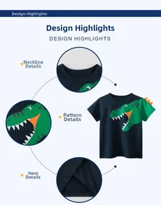 Detailed close-up of boy's navy cotton T-shirt featuring dinosaur print and orange fin sleeve