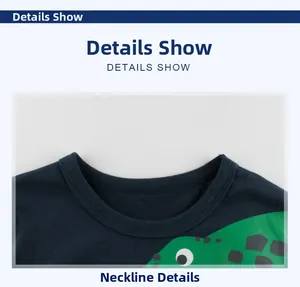 Close-up of boys navy cotton T-shirt neckline with reinforced stitching and green dinosaur print