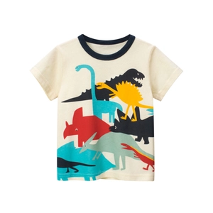 Short sleeve cream boy's t-shirt with colorful dinosaur cartoon print and navy crew neck