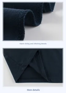 Detail of dark blue cotton fabric inner texture and fine double-needle hem stitching