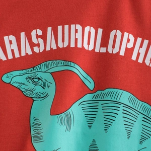 T-shirt rouge en coton pour enfants avec imprimé graphique de dinosaure vert