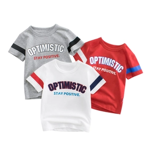 T-Shirt Manches Courtes en Coton pour Garçons Enfants Imprimé Lettres Poignets Rayés Col Rond Top d'Été