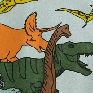 Kids cotton t-shirt with colorful cartoon dinosaur prints on blue knitted fabric