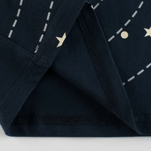 Boys navy cotton T-shirt featuring white star patterns and durable double-stitched hem