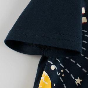 Boys navy blue cotton T-shirt with space planet print and durable stitched cuffs