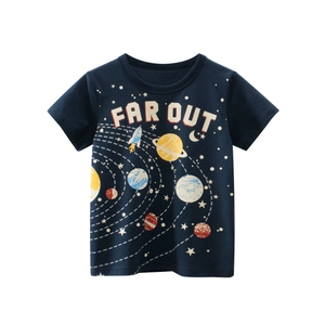 Dark blue boys cotton t-shirt featuring outer space planet and rocket graphic print