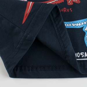 Boys navy blue cotton T-shirt featuring cartoon dinosaur prints and premium hem stitching