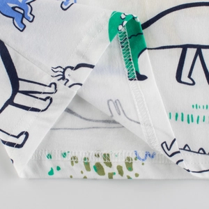 Kids white cotton t-shirt with blue and green dinosaur cartoon print and double-stitched hem