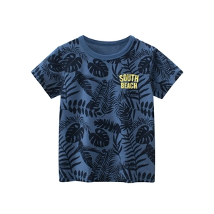 Boys Casual Cotton Short Sleeve T-Shirt Tropical Palm Leaf Print Round Neck Top Kids Summer Beach Fashion Clothes Navy Blue