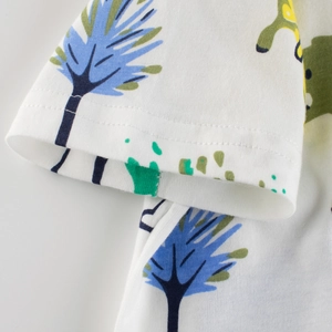 Kids cotton short sleeve T-shirt with dinosaur cartoon print and soft sleeve cuff detail