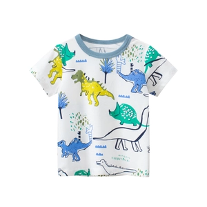Kids' short sleeve cotton T-shirt featuring colorful cartoon dinosaur prints all over