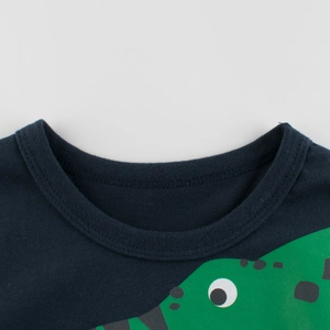 Navy blue boys short sleeve cotton t-shirt with a cartoon dinosaur print and round neck