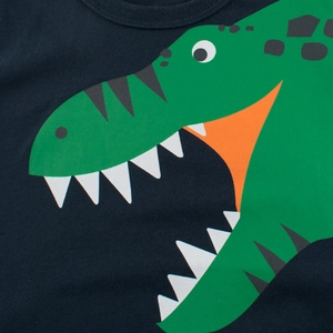 Boys navy blue cotton t-shirt with large green cartoon dinosaur print on front