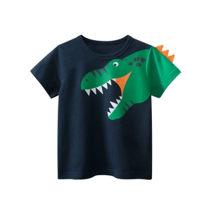 Kids navy cotton t-shirt with green dinosaur print and 3D orange spikes on the sleeve