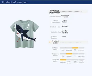 Détail du t-shirt enfant en coton avec requin, tailles 90-140 et matière 100% coton