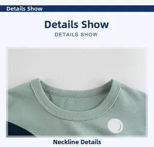 Détail d'un t-shirt enfant vert clair montrant le col en bord-côte et la couture précise
