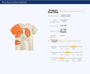 Close-up of cotton kids t-shirt with crab print and size chart in neutral colors