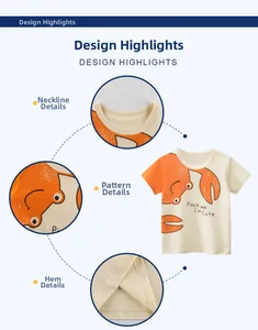 Detail view of cotton kids t-shirt with crab print and contrast orange sleeves