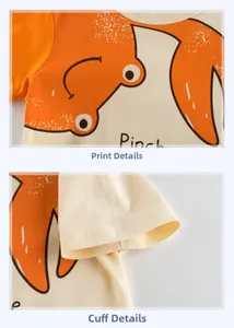 Detail of cute orange crab print and high-quality double-stitched sleeves on cotton tee