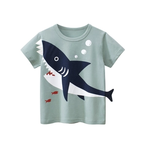 T-shirt À Manches Courtes Pour Garçons 100% Coton Applique De Requin De Dessin Animé 3D Col Rond Doux Respirant