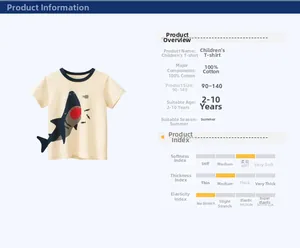 Detailansicht des Baumwoll-T-Shirts für Kinder mit Hai-Motiv und Größenangaben aus Baumwolle