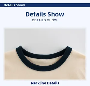 Detailaufnahme des kontrastfarbenen Rundhalsausschnitts am beigen Kinder-T-Shirt