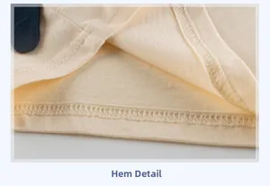 Detailaufnahme des doppelt genähten Saums eines beigen Baumwoll-Sommer-T-Shirts für Jungen