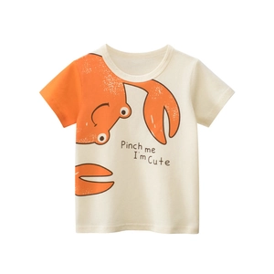 Kids Cotton Short Sleeve T-Shirt Cartoon Crab Pattern Color Block Crew Neck Summer Casual Top Boys Clothing