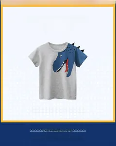 Detail of grey cotton kids T-shirt featuring a blue dinosaur print with 3D back scales