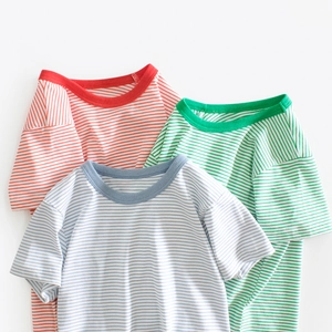 Kids Casual Cotton Striped T-shirt Short Sleeve Round Neck Summer Breathable Top For Boys Girls Children Clothing