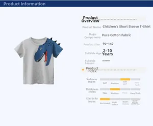 Detail view of cotton kids t-shirt with blue dinosaur print and size chart specifications