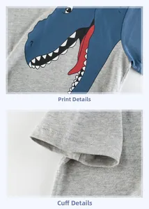 Detail of cartoon dinosaur print and blue stitching on grey cotton kids' T-shirt