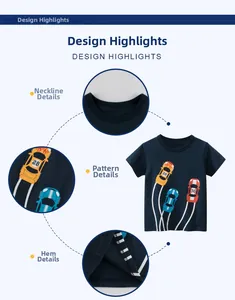 Vue détaillée du t-shirt bleu marine pour garçons avec motifs de course et finitions du col