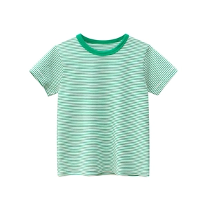 Short-sleeved striped t-shirt for children with green and white horizontal patterns
