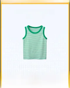 Close-up of green and white striped cotton tank top with ribbed neckline for kids