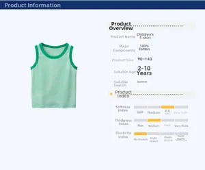 Detail view of a 100% cotton green striped kids tank top showing fabric and size specs