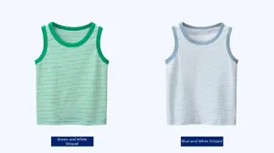 Close-up of cotton striped sleeveless vests for toddlers in light green and blue