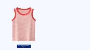 Detail of kids striped cotton tank top in rusty red and white with ribbed edges