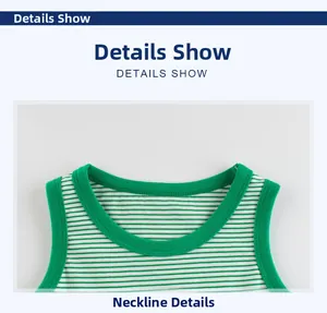 Close-up of the ribbed green neckline and knit striped fabric of a kid's tank top